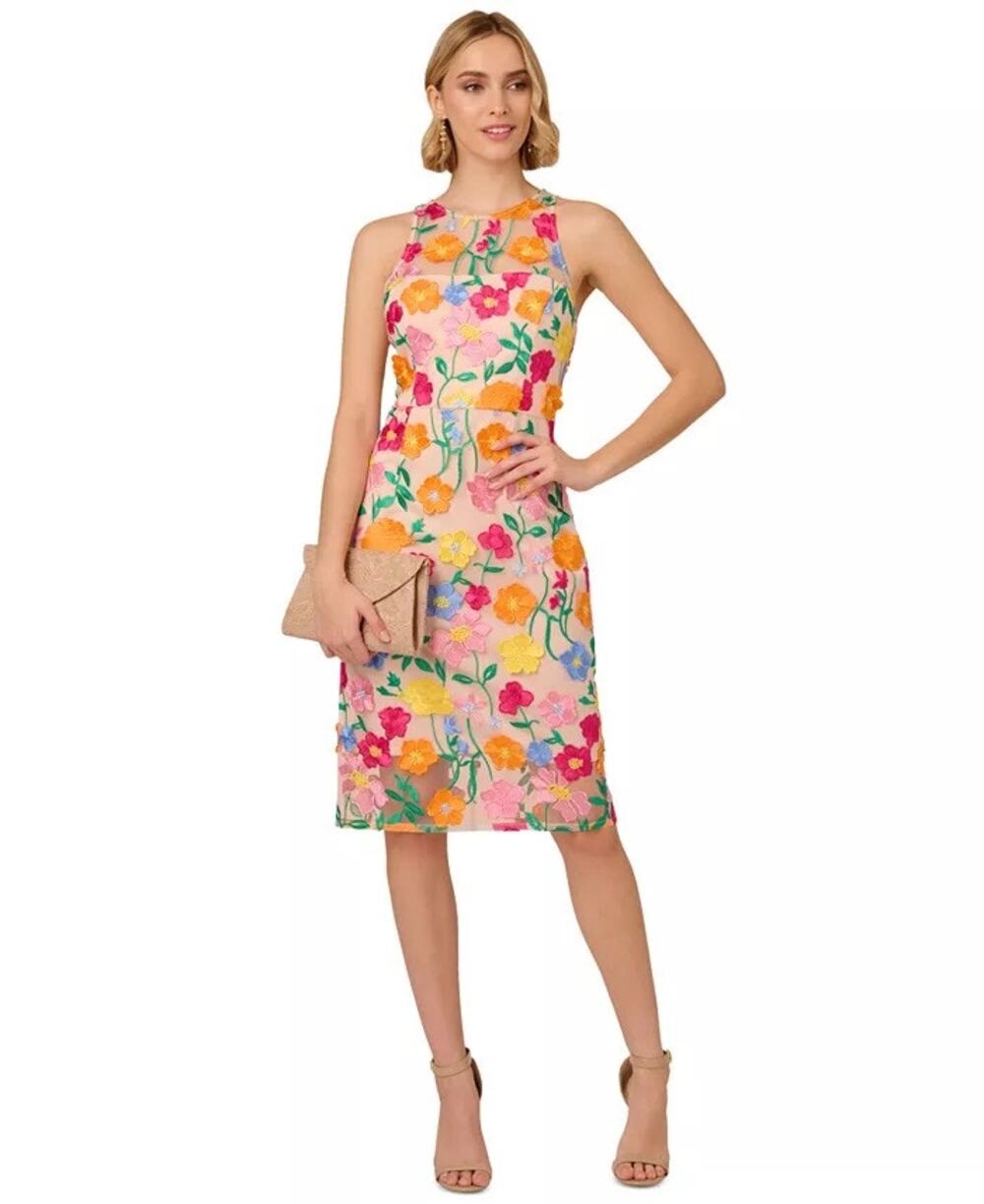 NWT Adrianna Papell 3D Floral Embroidered Column Dress Sheer Top Size 6